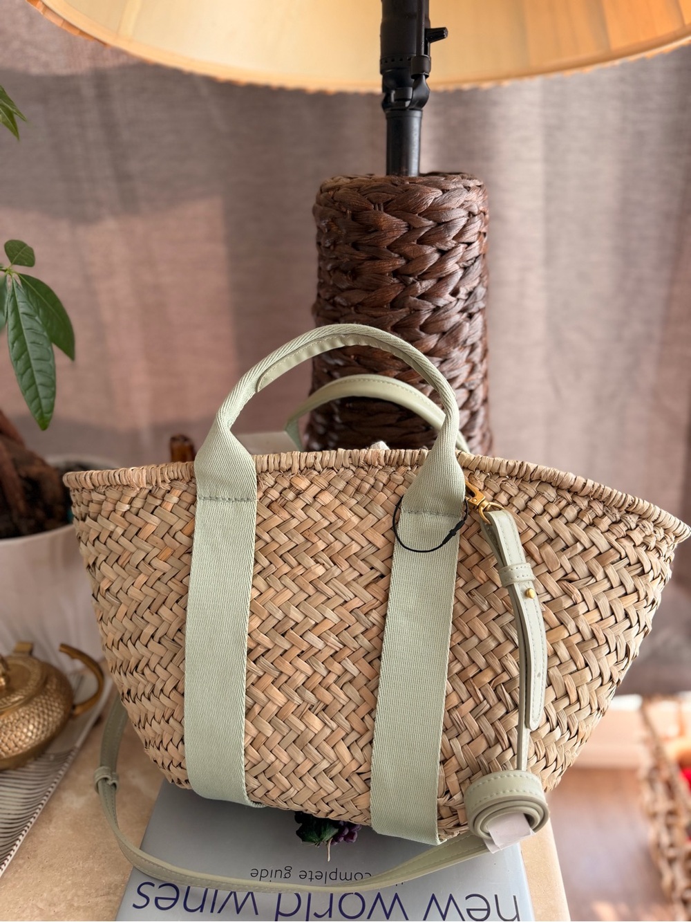 Zara Natural Woven Tote with Light Green Straps